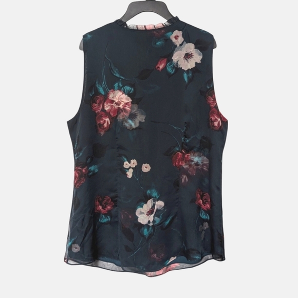 White House Black Market Bluish Green Ruffled Sleeveless Floral Blouse Size 8 - Picture 2 of 9